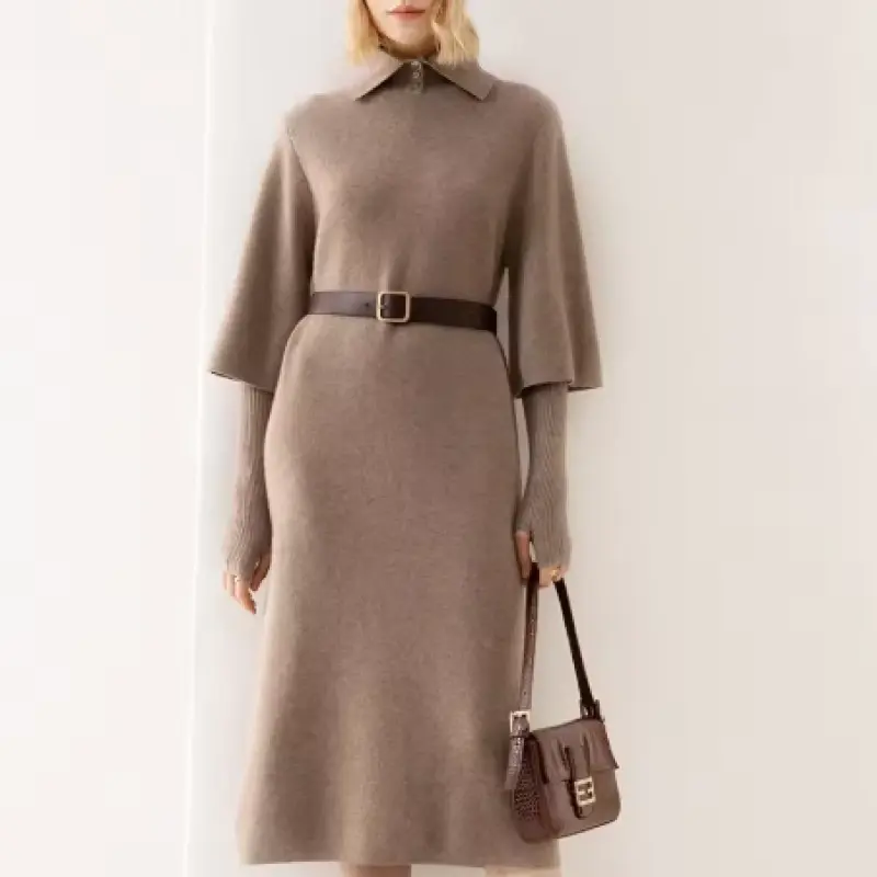 Women's High-end brand cashmere dress, thick five-sleeve lapel long dress for autumn and winter, polo collar mid-sleeve dress( হাই-এন্ড ব্র্যান্ডের কাশ্মীরি পোশাক, শরৎ এবং শীতের জন্য পুরু পাঁচ-হাতা ল্যাপেল লম্বা পোশাক, পোলো কলার মিড-হাতা পোশাক)